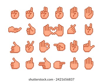 Pixel hands gestures icons set. 8 bit pixel art hand.