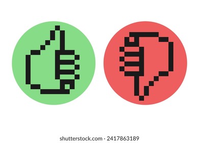 Pixel hands minimalist vector illustration. Thumb up and down gesture. Positivity, approval sign. Concern, disapproval, rejection and failure sign. Finger signal. Decision making, survey reaction.