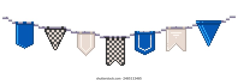 Pixel hanging flags. Brazilian hanging flags traditional festival decoration, colorful triangle banner for carnival celebration party. Vector pixel hanging flag isolated set