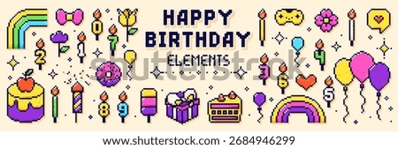 Pixel Happy birthday color elements. Cute simple objects - cake, heart, gift, rainbow, balloons, flowers, donut and candles.