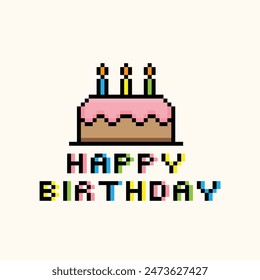 pixel feliz cumpleaños icono 8 bit, pixel arte cumpleaños icono tarjeta logo.