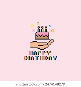 pixel happy birthday icon 8 bit, pixel art birthday icon card logo.