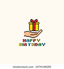 pixel happy birthday icon 8 bit, pixel art birthday icon card logo.
