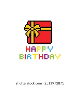 pixel happy birthday icon 8 bit, pixel art birthday icon card logo.