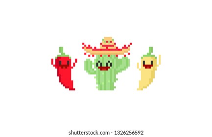 Pixel happy cactus and chilli character.Cinco De Mayo.8bit.