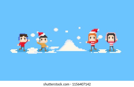 Pixel Happy Children Playing The Snow.8bit.christmas.