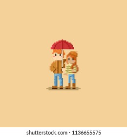 Pixel happy couple under red umbrella.8bit character.Autumn.