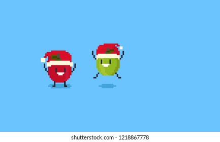 Pixel happy green and red apple with Santa's hat,Christmas.8bit.