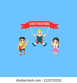 Pixel Happy Jumping Kids With Red Ribbon.back To School.8bit Character.