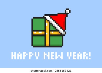 Pixel Happy New Year gift wrapped icon, 8 bit Christmas vector illustration.