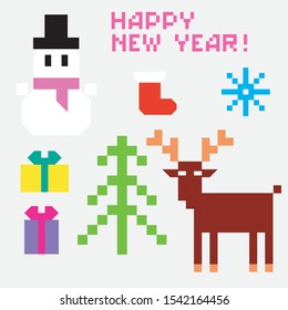 Pixel Happy New Year vector illustration. Pixel elements. Christmas elements
