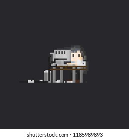 Pixel hard working man with office's computer.8bit.