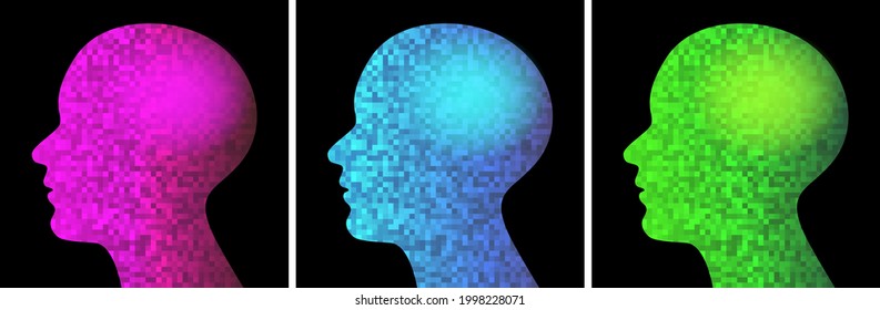 Pixel head profile set. Artificial Intelligence logo collection. AI technology icons. Blue, green, pink colors. Vector illustration