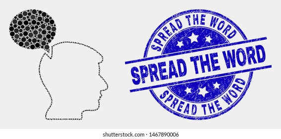Pixel head thinking cloud mosaic icon and Spread the Word seal stamp. Blue vector rounded distress seal stamp with Spread the Word phrase. Vector composition in flat style.