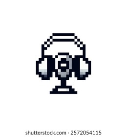Pixel headphones vector icon. Headphones with microphone vector. Pixel headset icon in 8 bit style. Microphone between headphones vector.