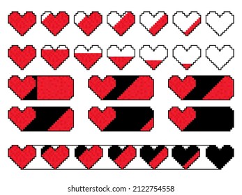 Pixel health bar 8 bit retro game. A set of health strips from pixel hearts and stripes. Design for banners and promotional items. Vector illustration