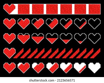 Pixel health bar 8 bit retro game. A set of health strips from pixel hearts and stripes. Design for banners and promotional items. Vector illustration