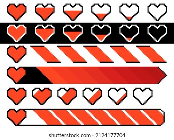 Pixel health bar 8 bit retro game. A set of health strips from pixel hearts and stripes. Design for banners and promotional items. Vector illustration