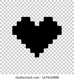 Pixel heart, 8 bit, valentine day. Black symbol on transparent background