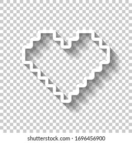 Pixel heart, 8 bit, valentine day, outline design. White icon with shadow on transparent background