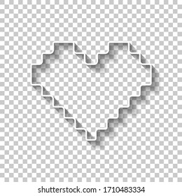 Pixel heart, 8 bit, valentine day. White outline sign with shadow on transparent background