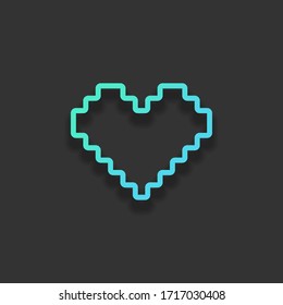 Pixel heart, 8 bit, valentine day, outline design. Colorful logo concept with soft shadow on dark background. Icon color of azure ocean
