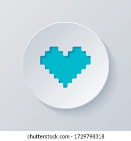 Pixel heart, 8 bit, valentine day. Cut circle with gray and blue layers. Paper style