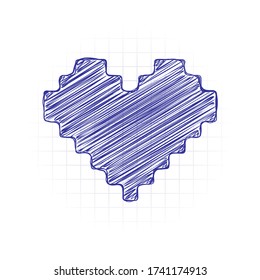 Pixel heart, 8 bit, valentine day. Hand drawn sketched picture with scribble fill. Blue ink. Doodle on white background