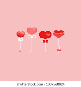 Pixel heart balloons set.8bit.Valentine's day.