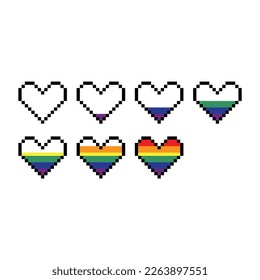 Pixel heart bar icon 8 bit, pixel art rainbow hearts bar icon  for game   