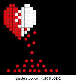 El corazón del píxel se rompe y pierde los píxeles rojos, ilustración sobre fondo negro