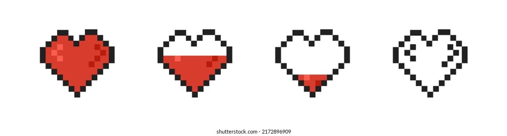 Pixel heart collection. Pixelated hearts icon set. Vector illustration. EPS 10.