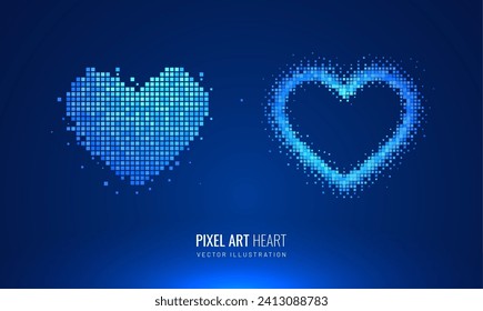 Pixel heart in digital futuristic style. Silhouettes of hearts in halftone and mosaic - elements for design. Vector illustration with light effect