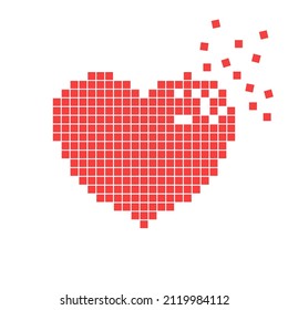 Pixel heart disintegrating icon. Video game 8-bit style.