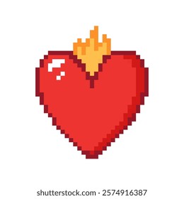Pixel heart with fire on white background. Hand drawn vector illustration.