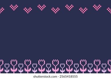 Pixel Heart and Flowers Border Pattern - Retro Style, Pink Love Theme, Valentine's Day Design for Crafts, Graphics, and Mosaic Embroidery Work