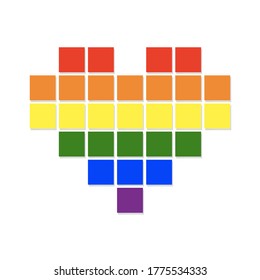 Pixel heart with flying pixels on an edge in colors of LGBT flag. Colorful vector symbol of gay lesbian, transgender love with rainbow lgbt flag. Pride month concept.