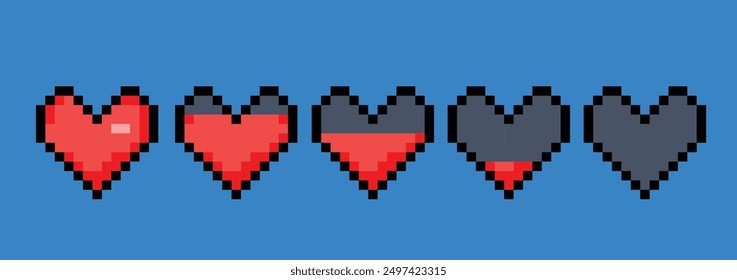 Pixel heart game health bar with decreasing red hearts on a blue background.  Life or energy levels in a retro video game style. Vector 8 bit life bar with red hearts retro 80s, 90s gaming interface. 