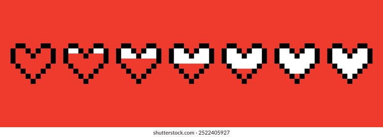 Pixel heart with game life bar. Vector hearts icons and health bar.