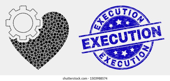 Pixel heart gear mosaic pictogram and Execution seal stamp. Blue vector round distress seal stamp with Execution phrase. Vector collage in flat style.
