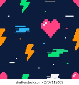 Pixel heart and glitch seamless pattern. Vector flat design with 8-bit graphics and electric bolts. Modern tech background for gaming channel, app interface design, or trendy kids fashion print.