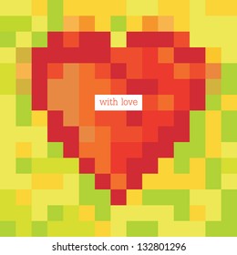 Pixel heart with greetings. Design template, vector, eps8