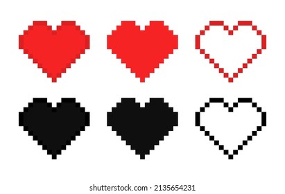 Pixel heart. Pixel heart icon. 8 bit game. Digital art for love, gamer and computer. Red and black symbols of health. Vector.