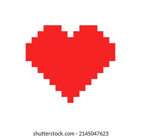 Pixel heart. Pixel heart icon for 8 bit game. Digital art for gamer, computer and love. Red symbol of health isolated on white background. Vector.