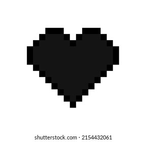 Pixel heart. Pixel heart icon for 8 bit game. Digital art for computer game. Black icon for love, gamer and hearth. Symbol for health, interface and video. Vector.