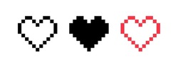 Pixel Heart Icon Collection. Colorful 8 Bit Heart Set. Live Stream Video, Chat, Likes, Love Symbol . Social Media. Vector Illustration.