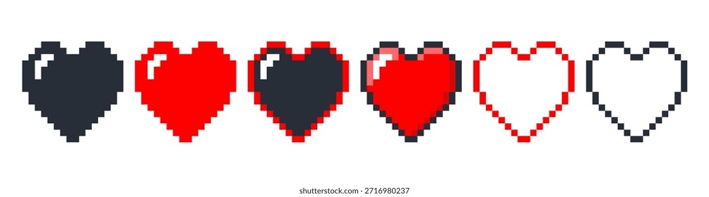 Pixelherz-Symbol. Verpixeltes Symbol der Liebe und Valentinstag. 8 Bit Retro Arcade-Spiel. Rote und schwarze Grafik-Amour-Formen. Silhouette oder Kontur Lieblinge. Romantische Leidenschaft. Vektor-Flachzeichen-Set