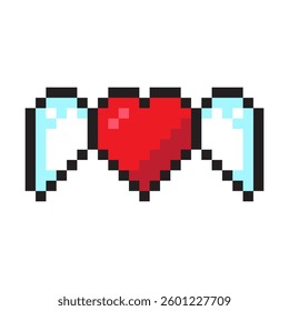 Pixel heart icon. Red love shape. Vector winged emblem. Cute fantasy symbol.