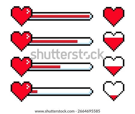 Pixel heart icon set with different hearts