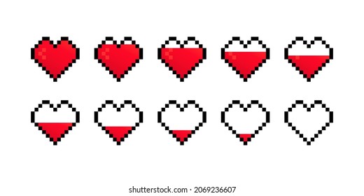 Pixel heart icon set. Pixel game life bar. Health heart bar. Gaming controller, symbols set. Vector EPS 10. Isolated on white background.